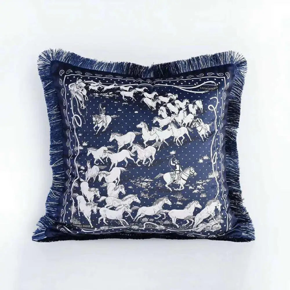 Decorative pillow with horse pattern on a white background