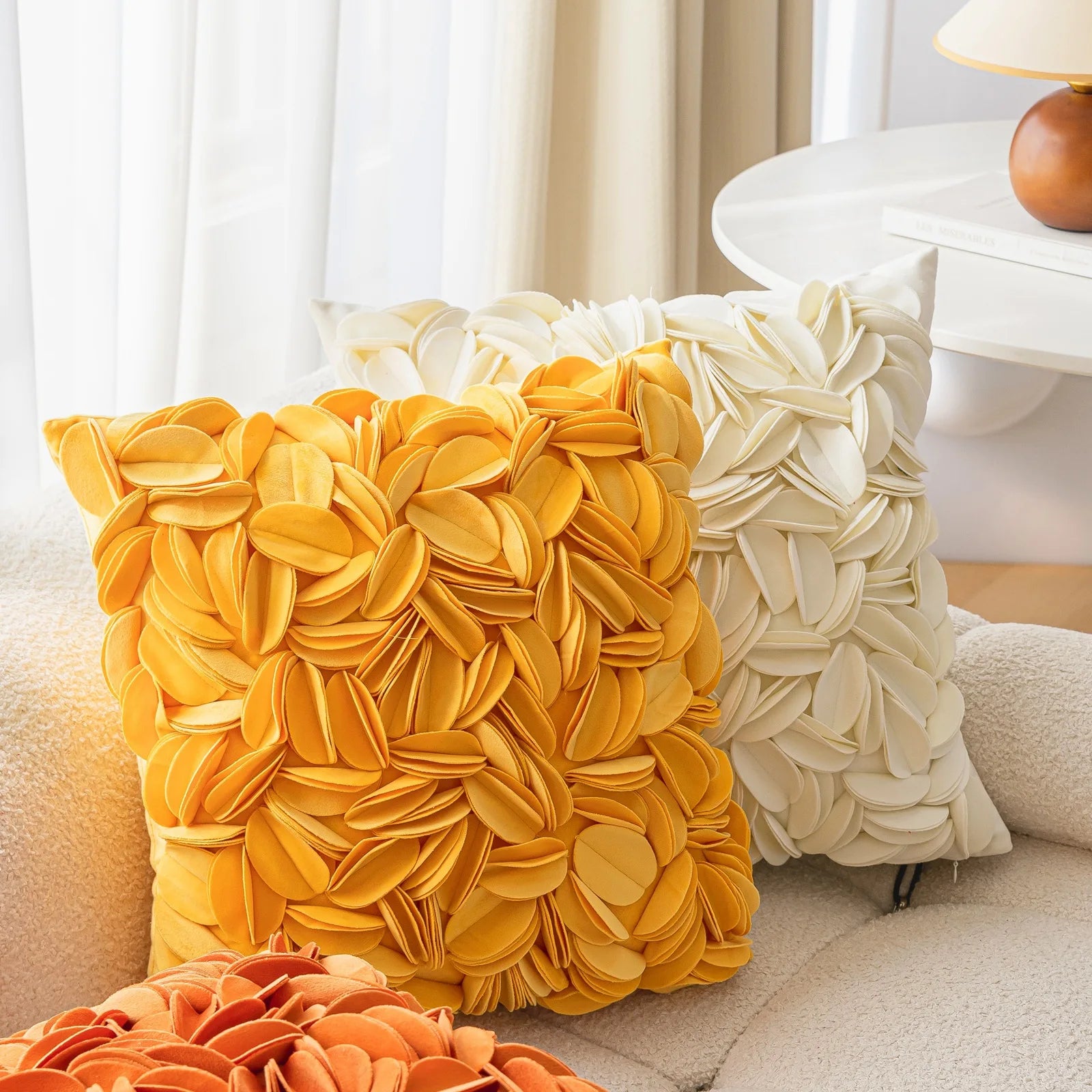 Luxury velvet pillow cover with floral petal embroidery and elegant textured design