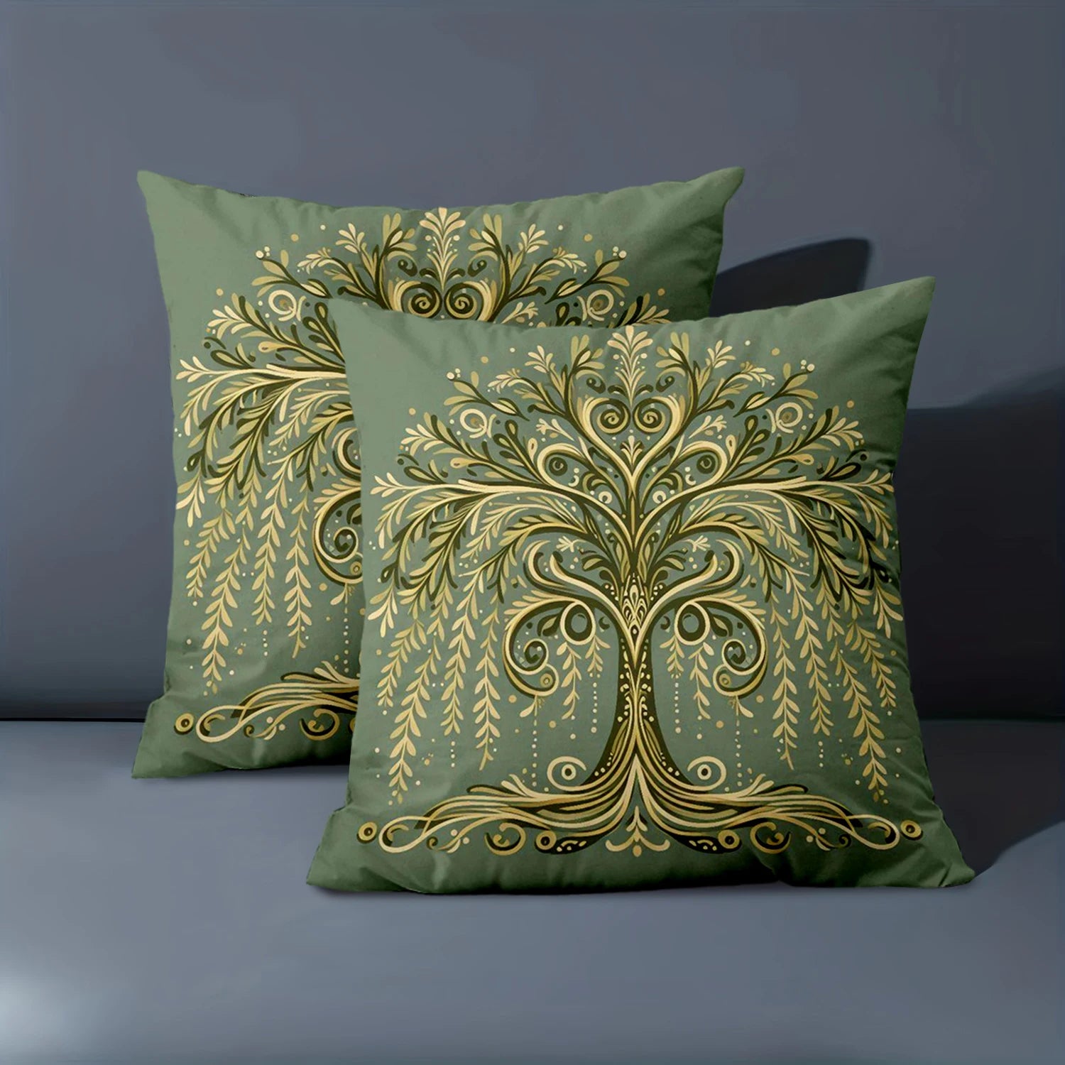 Green and gold tree pillow cover with elegant botanical design on plush fabric