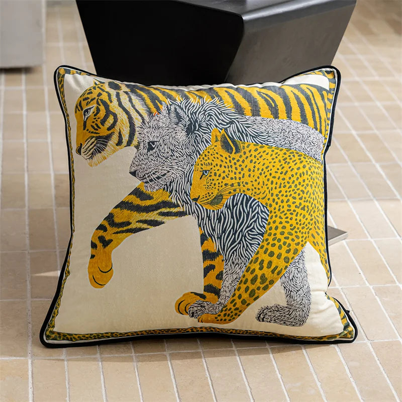 Decorative pillow with animal design on a tiled floor