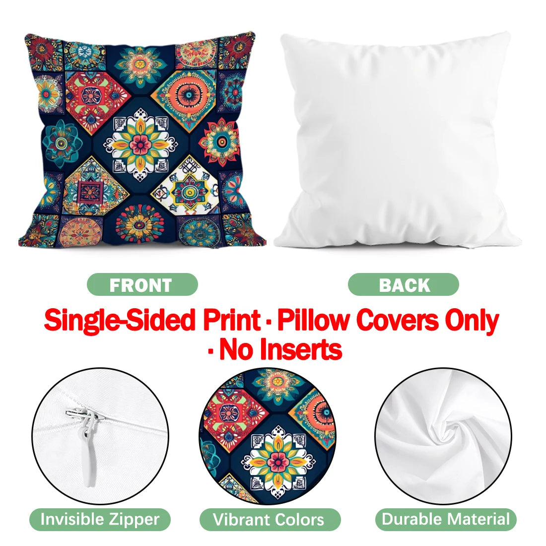 Colorful patterned pillow cover with plain white pillow on a white background