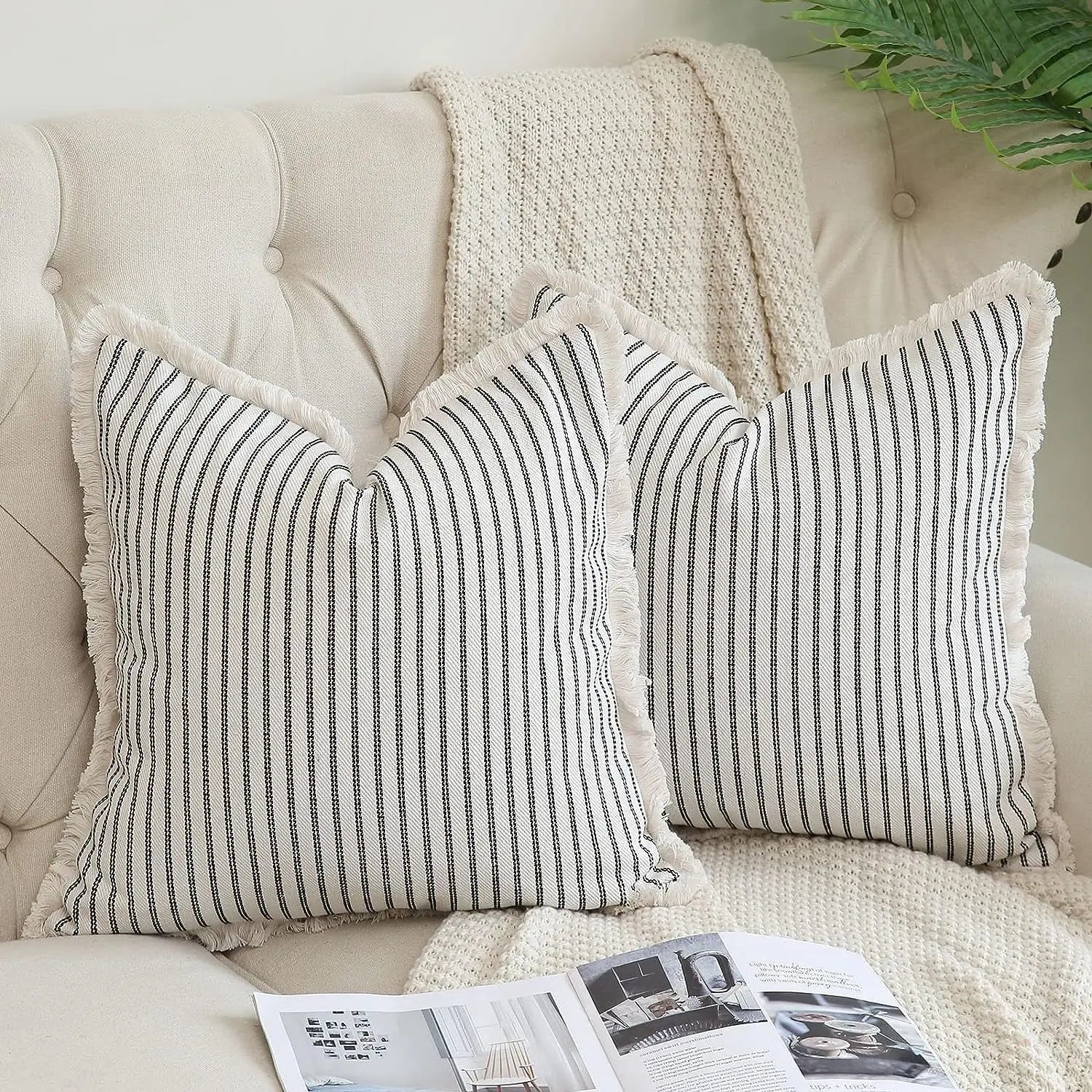 Fringe Striped Cotton Pillow Cover