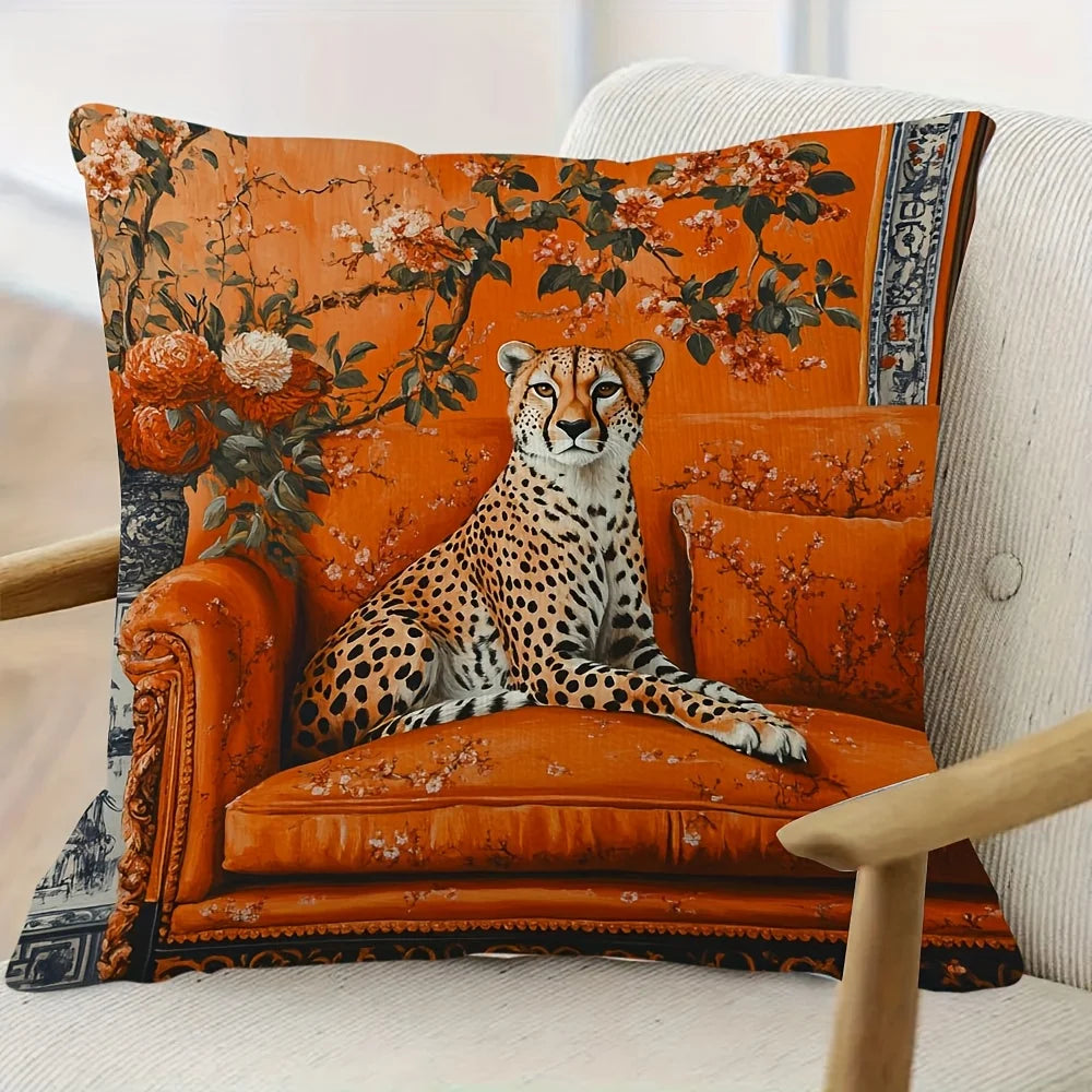 Orange chinoiserie pillow cover with cheetah motif and elegant oriental pattern design