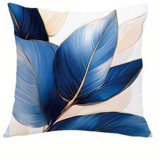 Blue gold leaf pillow cover with elegant botanical pattern on soft peachskin fabric