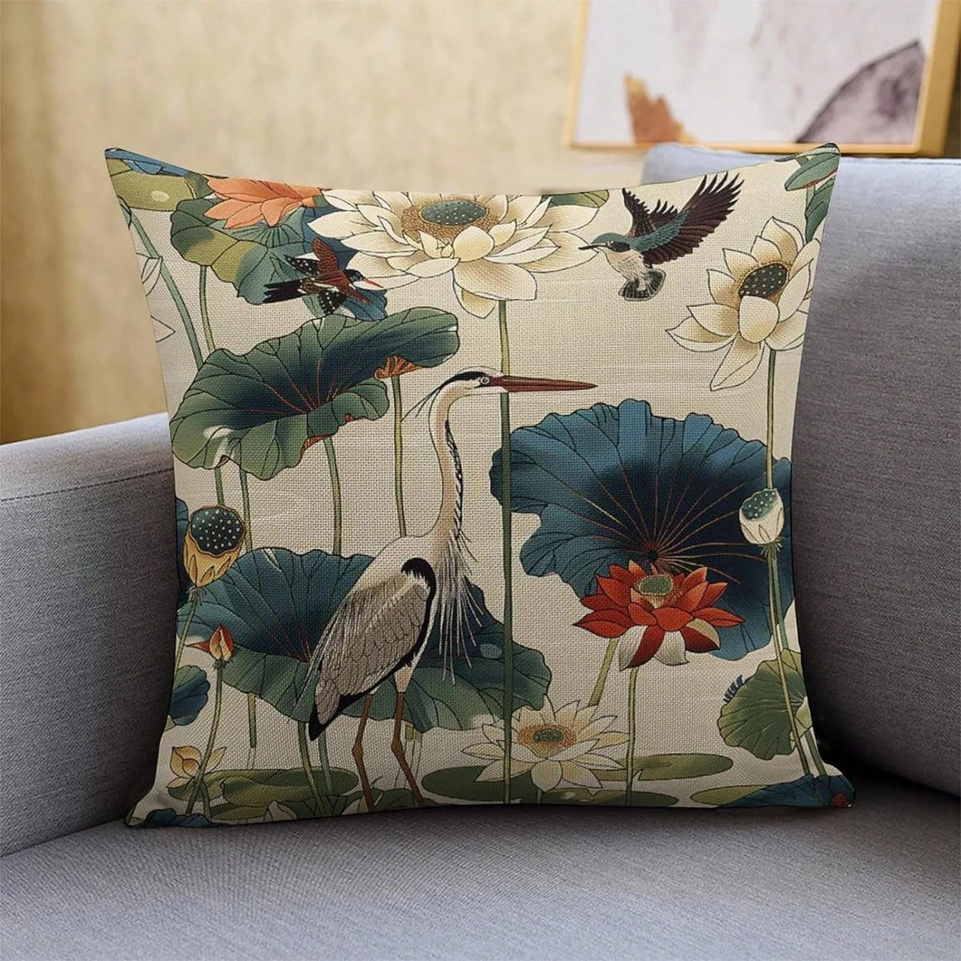 Bird Lotus Vintage Pillow Cover