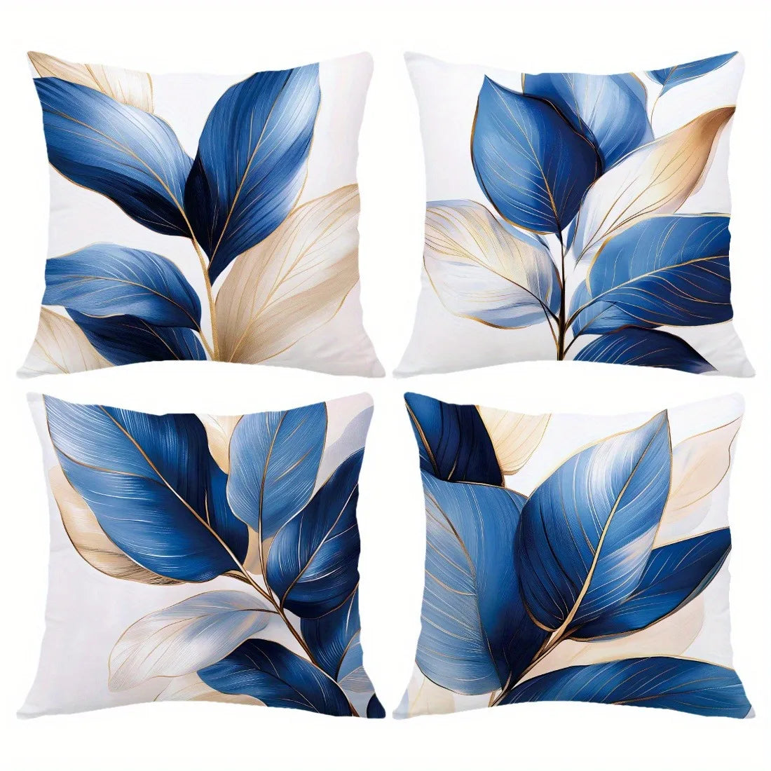 Blue gold leaf pillow cover with elegant botanical pattern on soft peachskin fabric