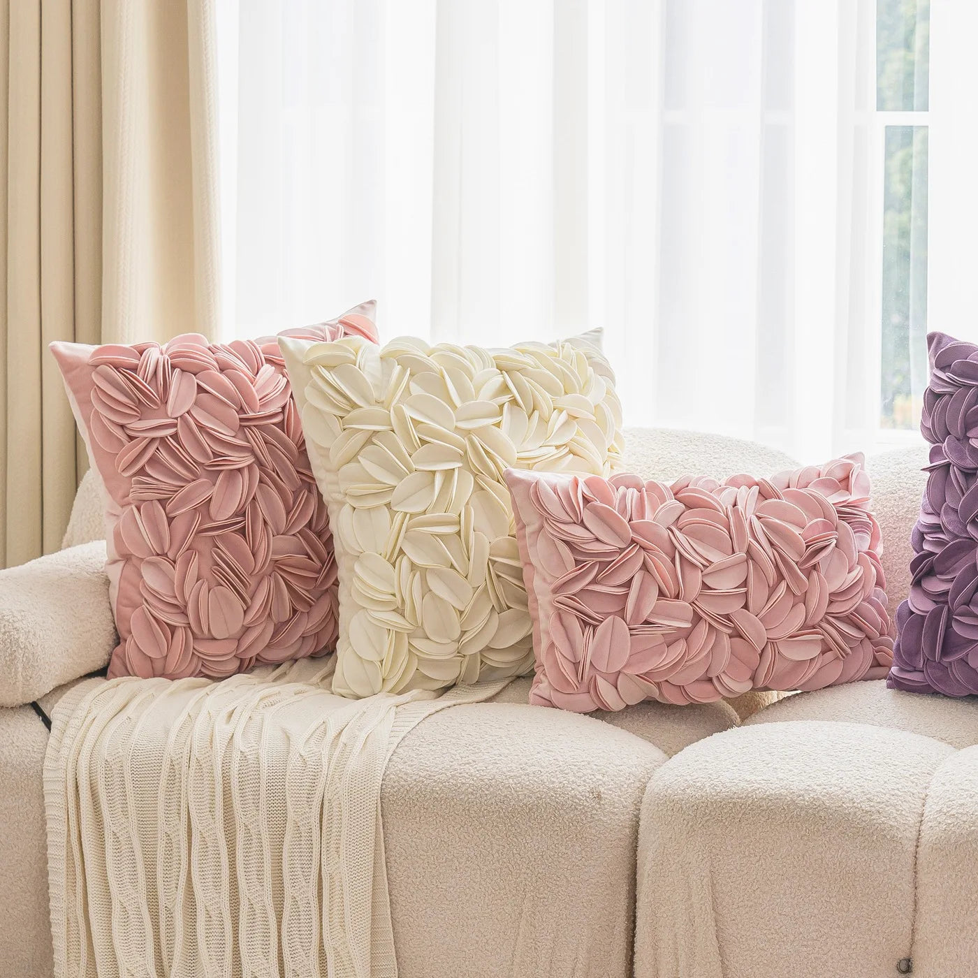Luxury velvet pillow cover with floral petal embroidery and elegant textured design
