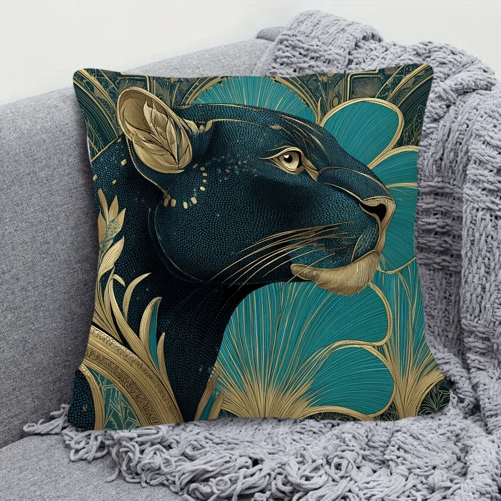 Double-sided art deco leopard pillow cover in teal and gold with bold animal pattern design