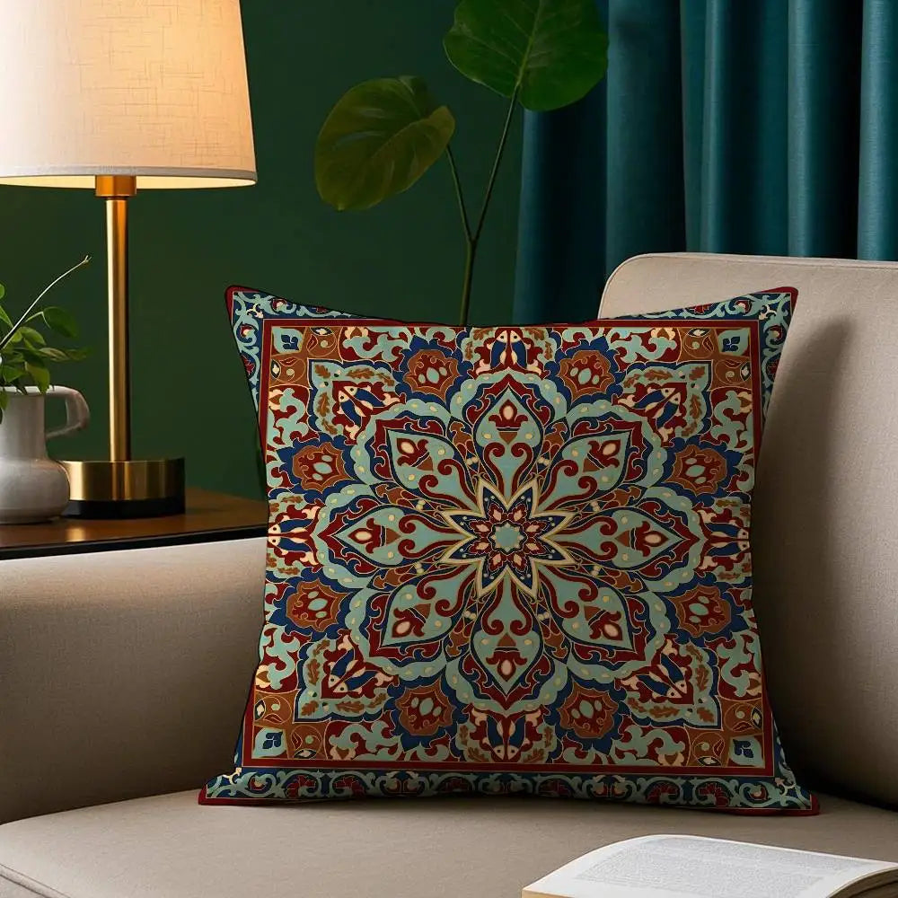 Ethnic boho pillow cover with rich red and teal ornamental pattern