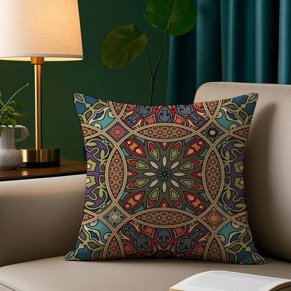 Decorative boho pillow cover with symmetrical ethnic pattern on sofa