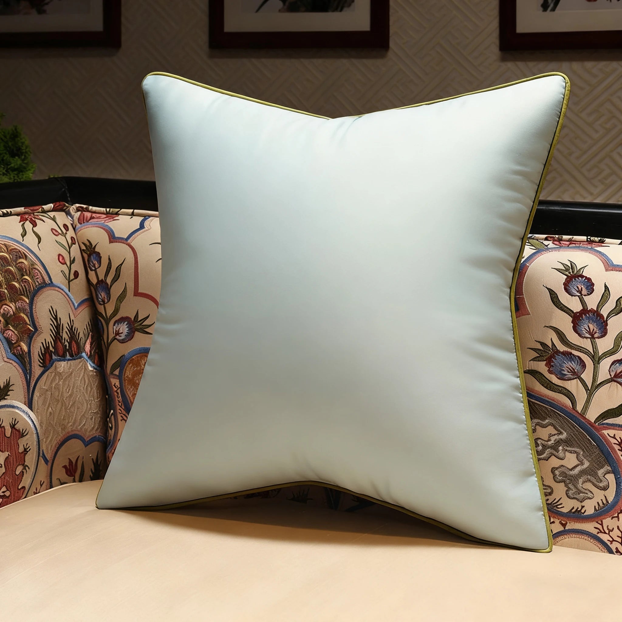 White pillow with gold trim on a patterned sofa