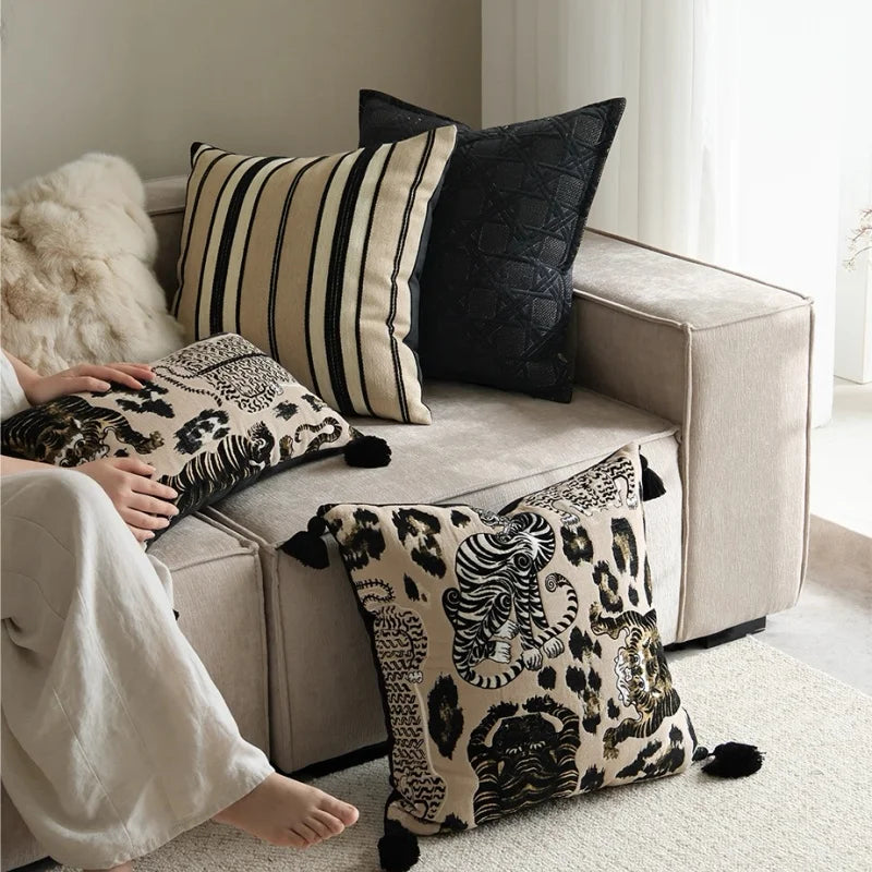 Retro leopard stripe pillow cover in brown and black with geometric animal print design
