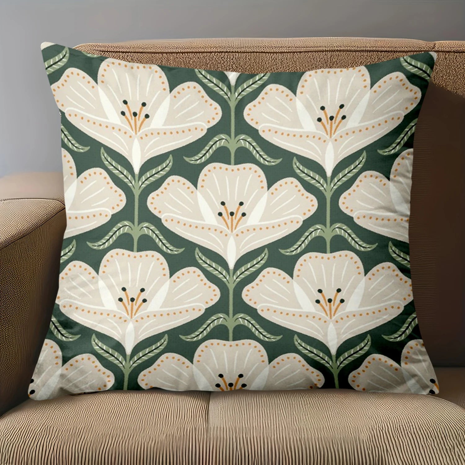Green floral back cushion pillow cover with botanical pattern on soft durable fabric