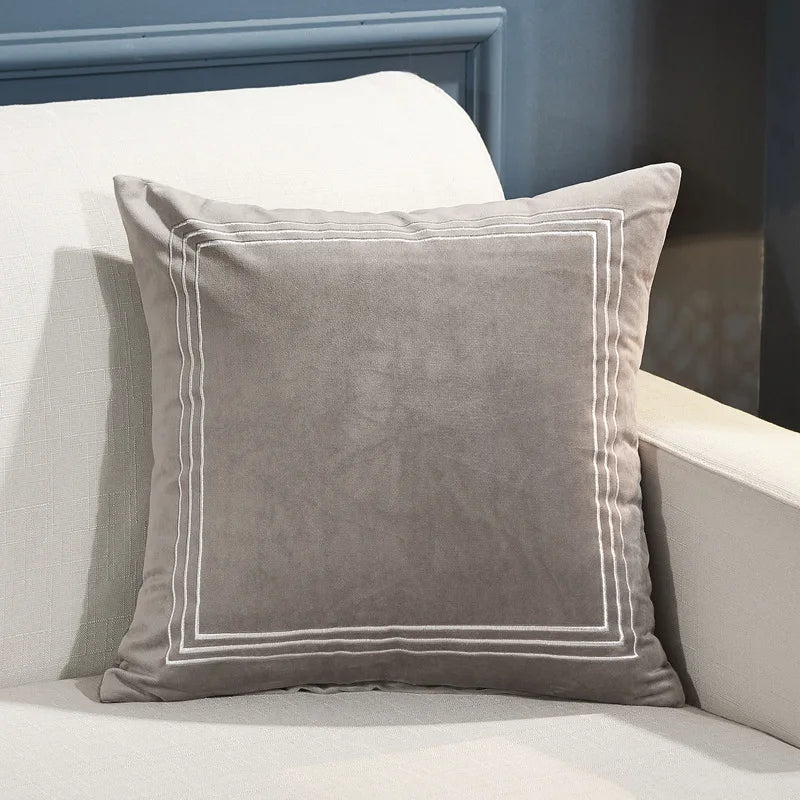 Gray pillow with white trim on a light-colored couch