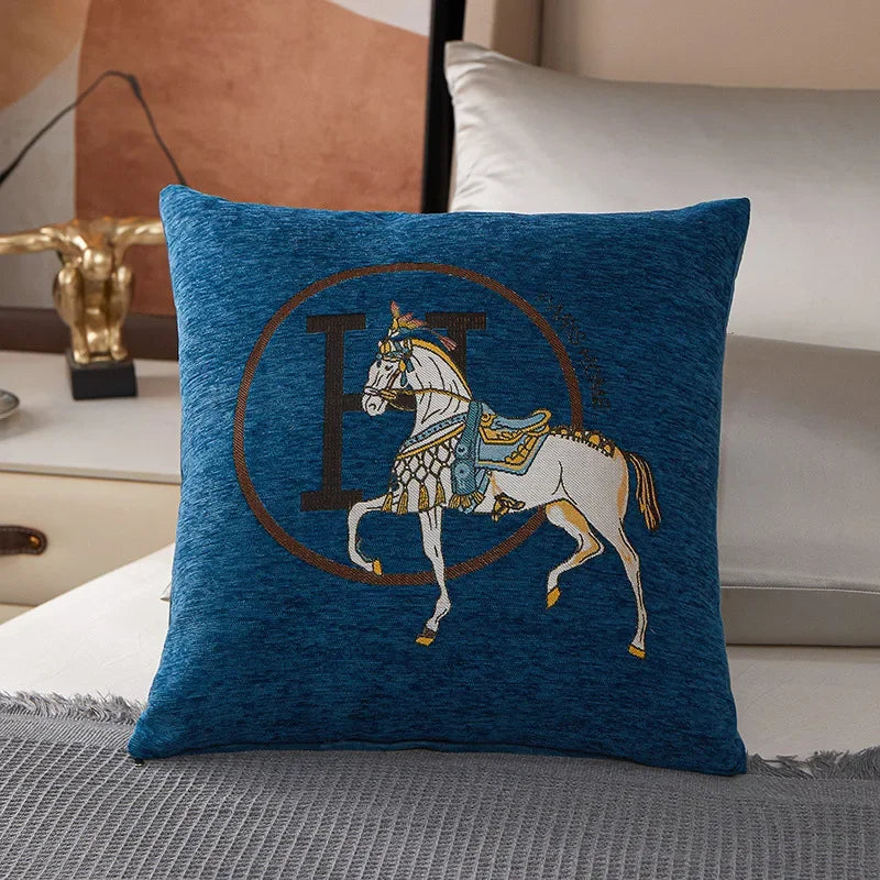 Blue luxury cable knit print pillow cover with textured knit-inspired pattern on soft fabric