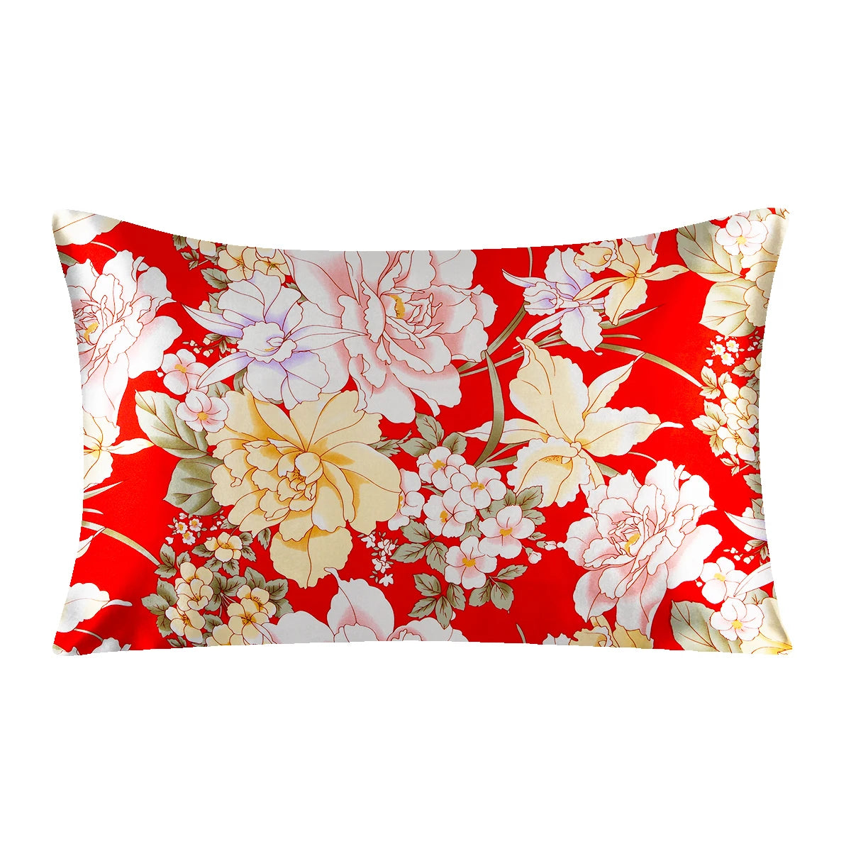 Floral pillowcase with red background on a white background