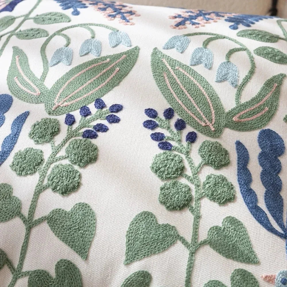 Close-up of embroidered floral pattern on fabric with green, blue, and pink colors.