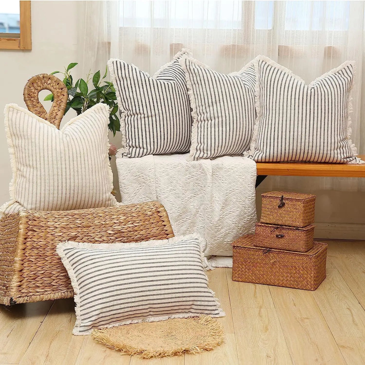 Fringe Striped Cotton Pillow Cover