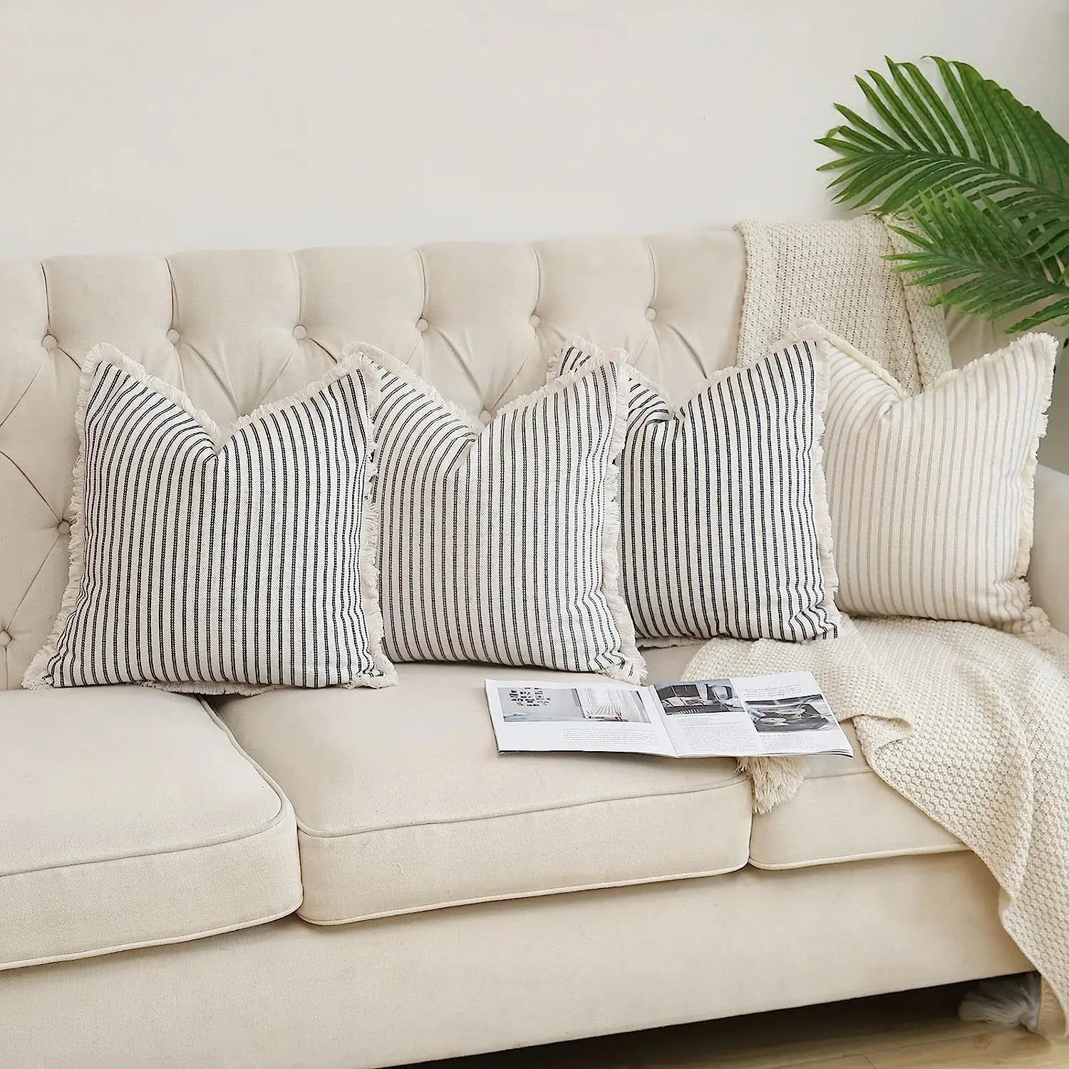 Fringe Striped Cotton Pillow Cover