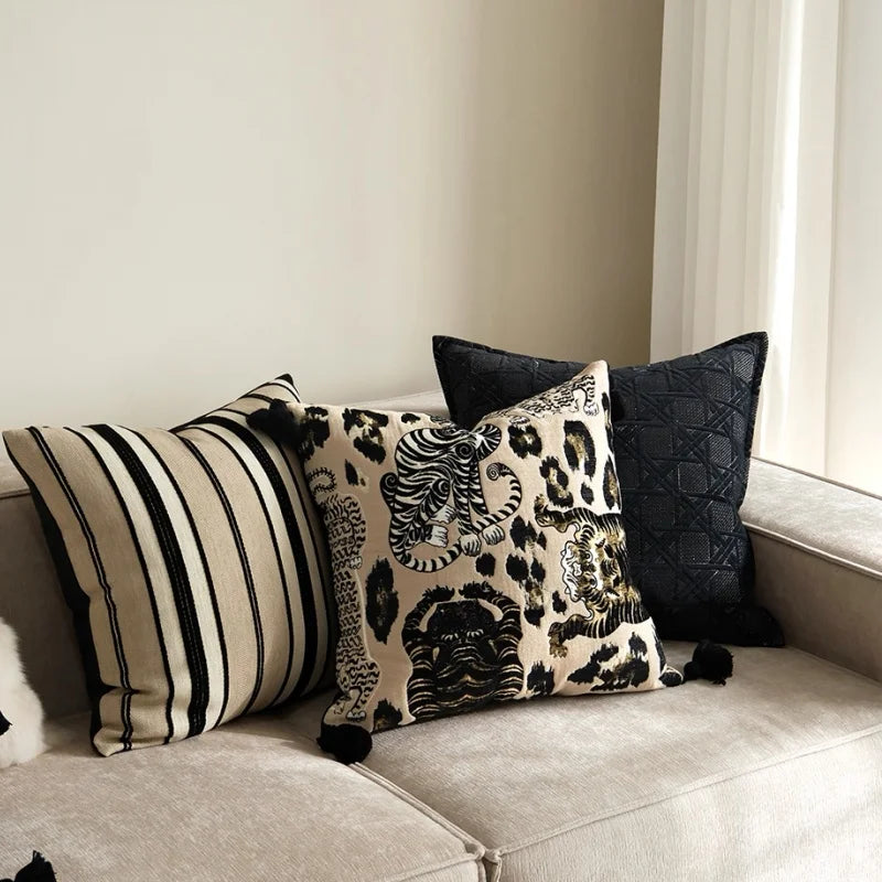 Retro leopard stripe pillow cover in brown and black with geometric animal print design