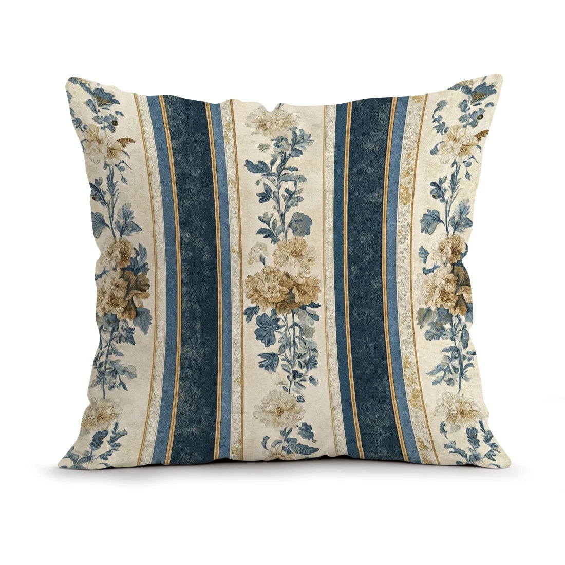 Decorative pillow with floral and striped pattern on a white background
