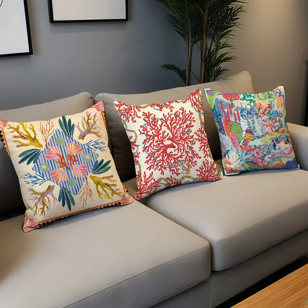 Colorful marine life throw pillows styled on modern living room sofa