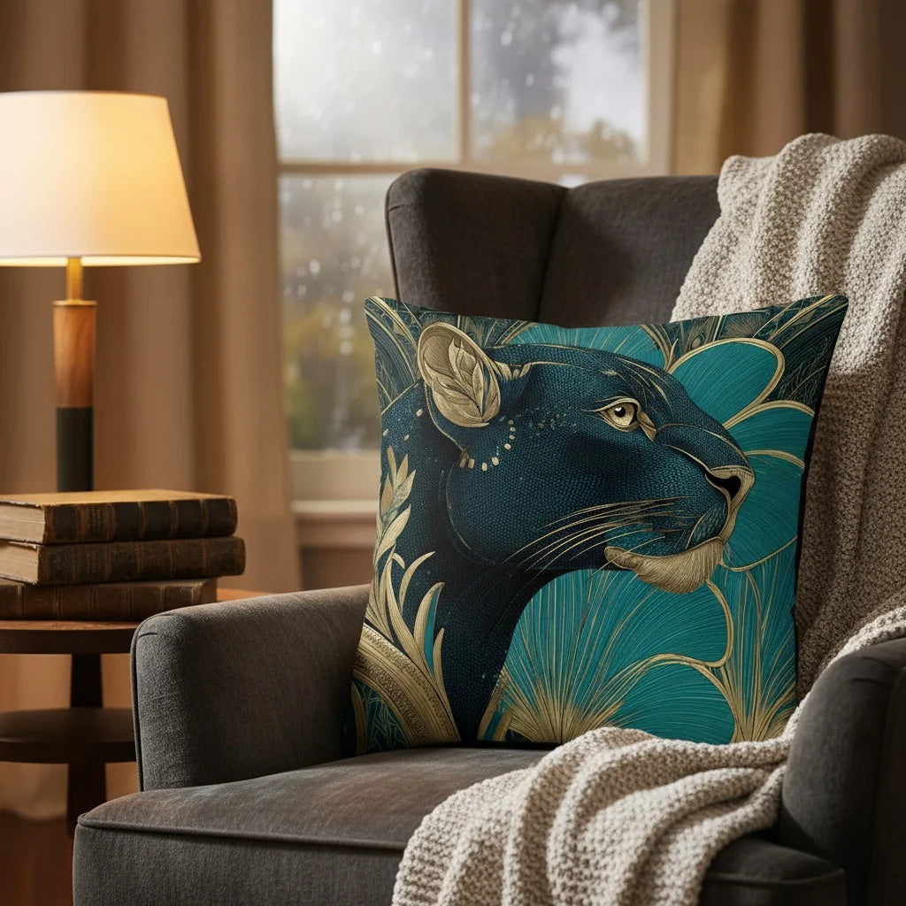 Double-sided art deco leopard pillow cover in teal and gold with bold animal pattern design