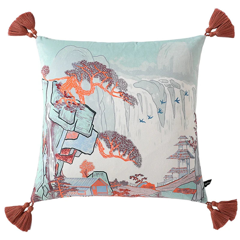 Decorative pillow with artistic design of a person in traditional attire, trees, and buildings on a light blue background.