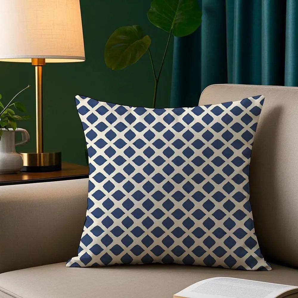 Ink blue geometric plush pillow cover with modern abstract pattern on soft fabric