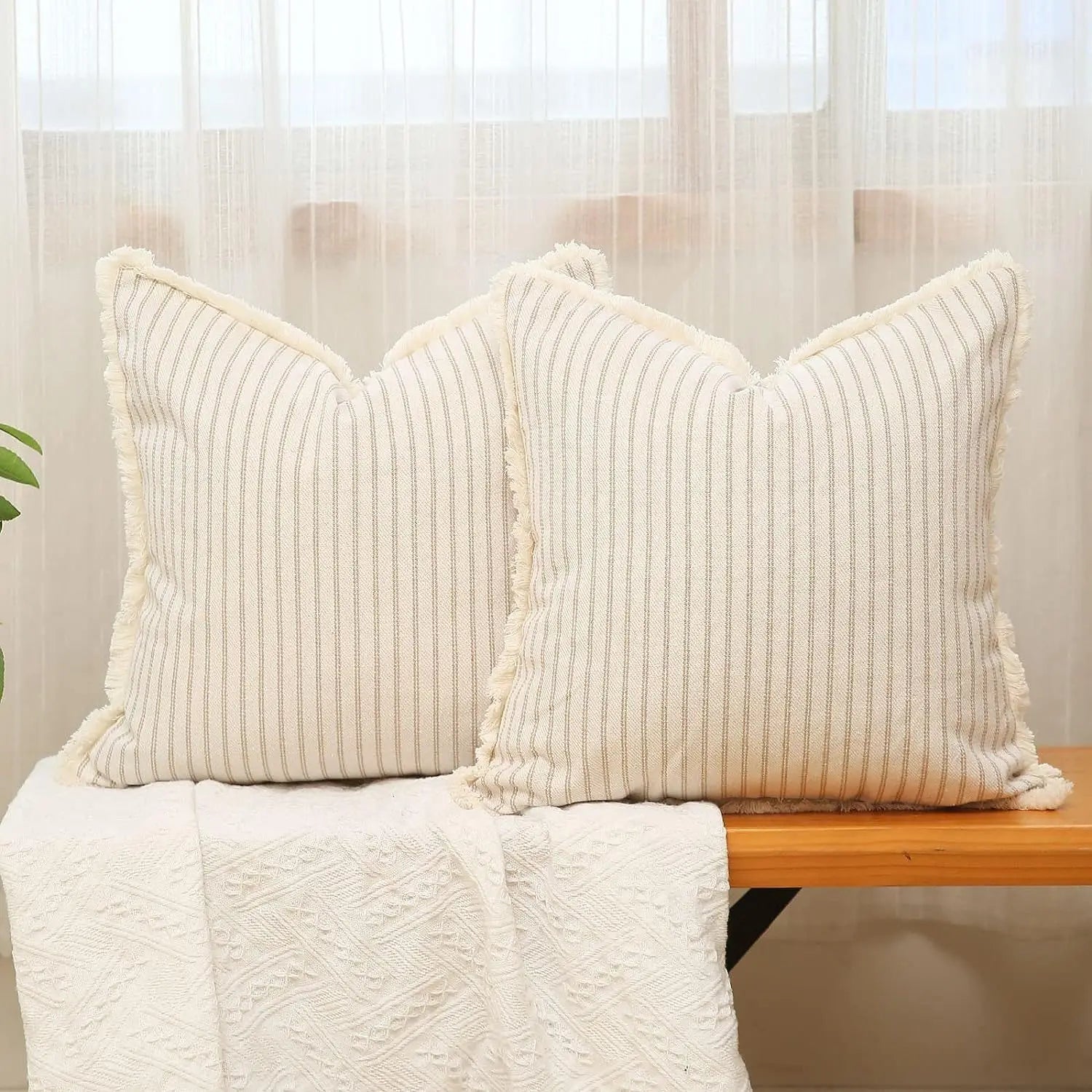 Fringe Striped Cotton Pillow Cover