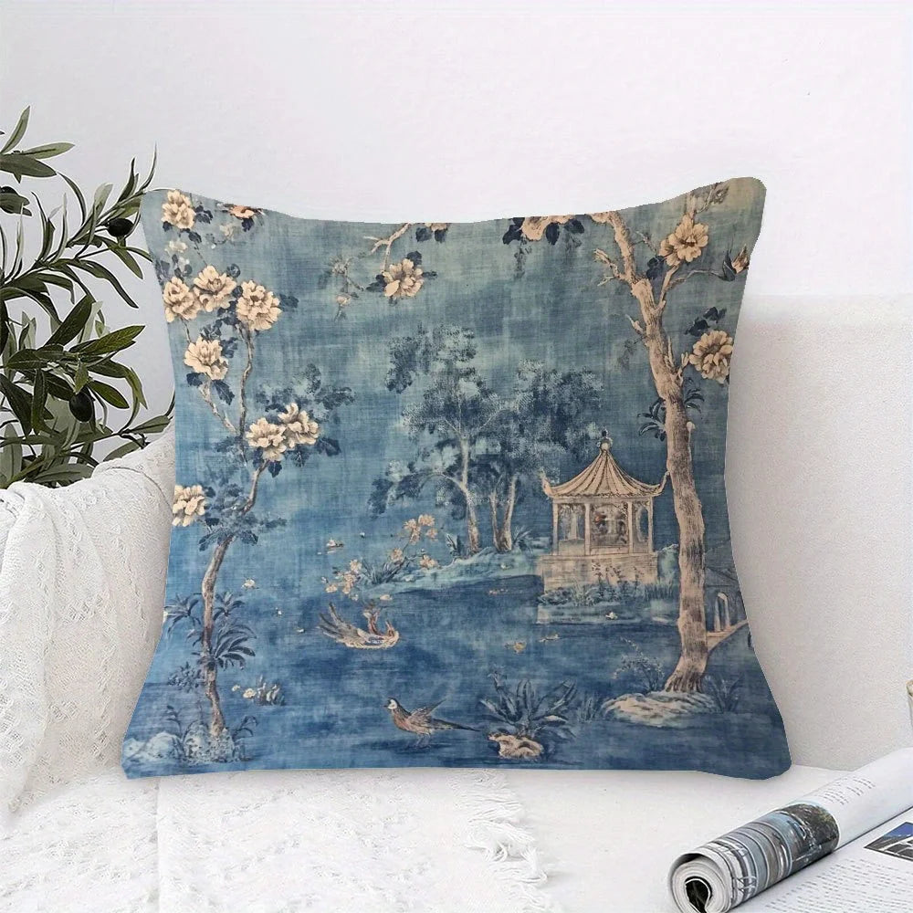 Blue chinoiserie vintage pillow cover with elegant floral and oriental pattern on plush fabric