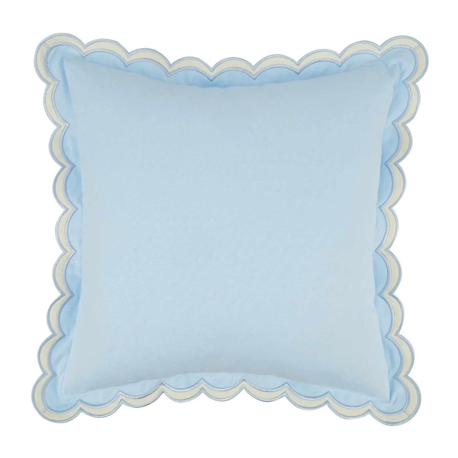 Light blue boho lace edge pillow cover with soft solid color and wavy embroidered trim design