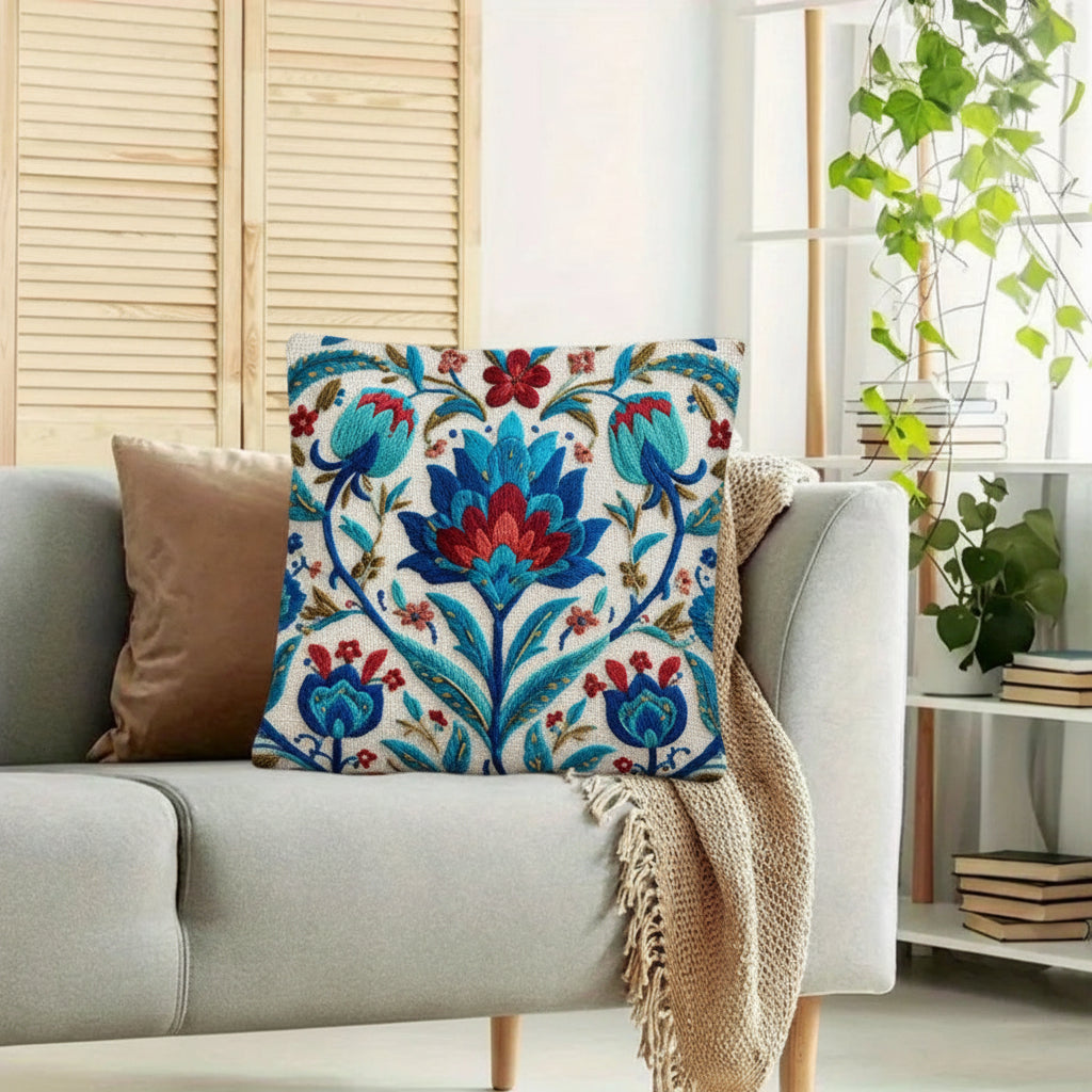 Decorative pillow with floral pattern on a gray sofa in a living room setting.