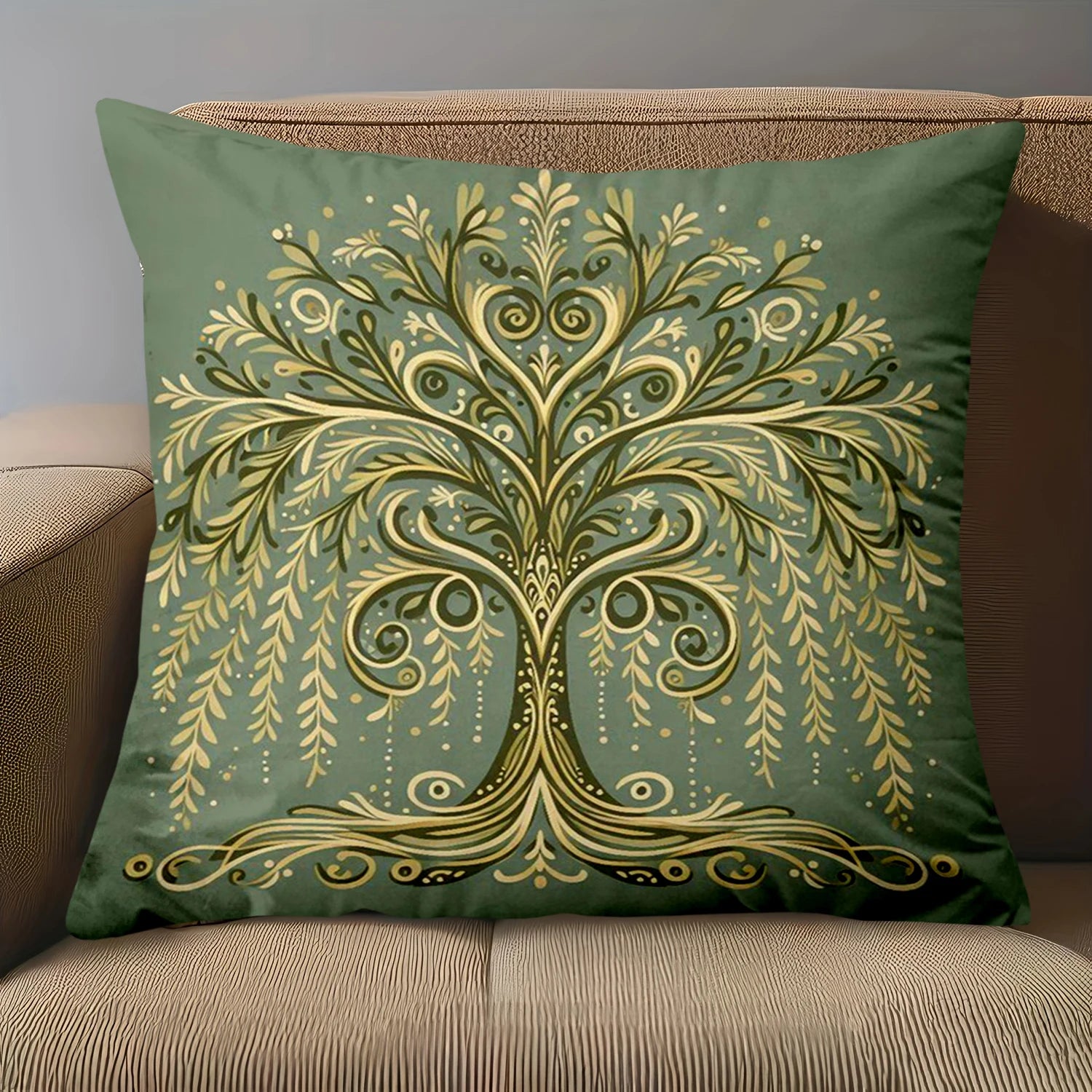 Green and gold tree pillow cover with elegant botanical design on plush fabric