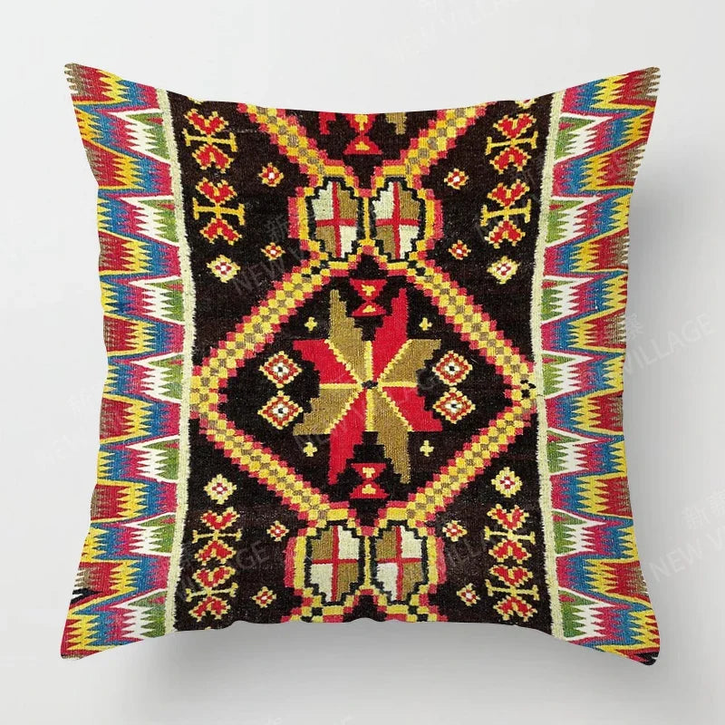 Decorative pillow with a colorful geometric pattern on a white background