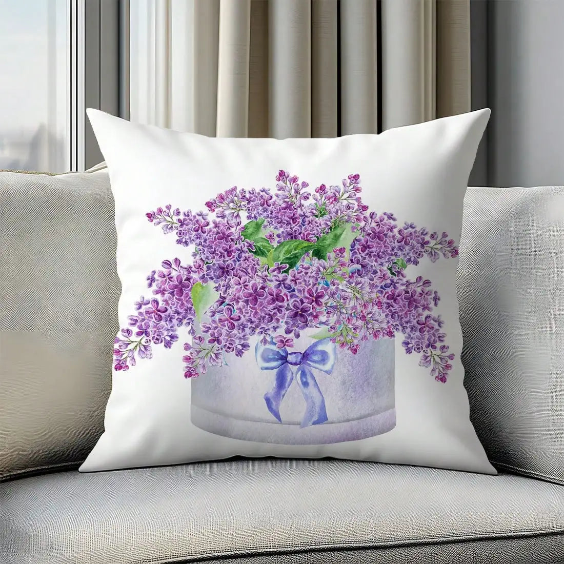 Decorative pillow cover with purple flowers in vase watercolor illustration
