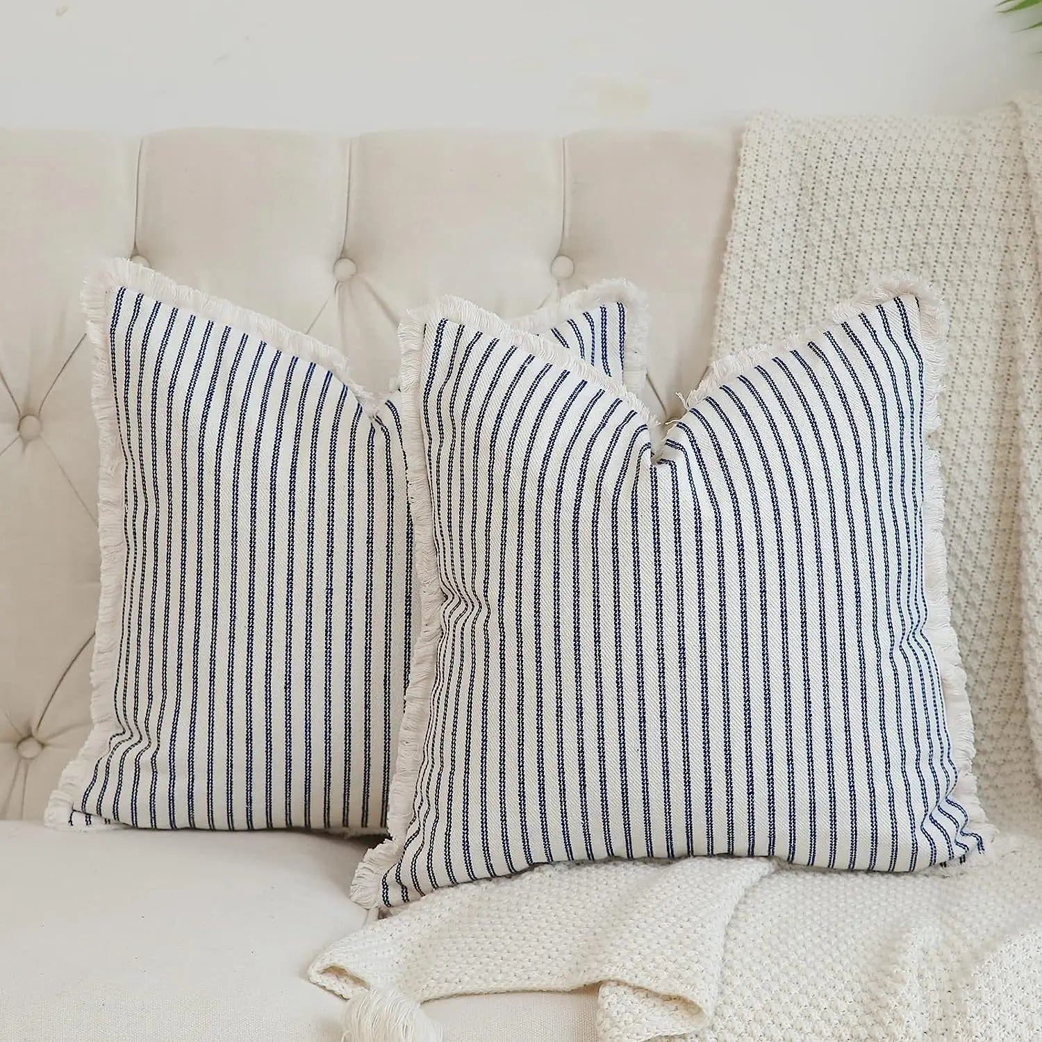 Fringe Striped Cotton Pillow Cover