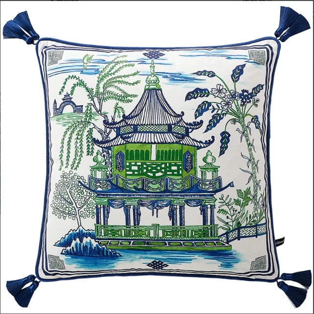 Decorative pillow with Chinese-style pagoda design on a white background