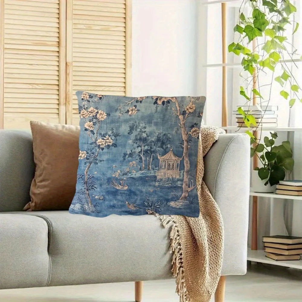 Blue chinoiserie vintage pillow cover with elegant floral and oriental pattern on plush fabric
