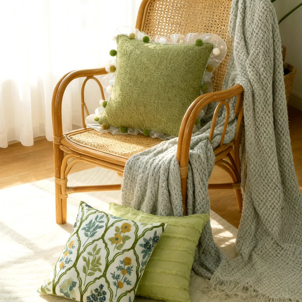 Green Embroidered Towel Pillow Cover