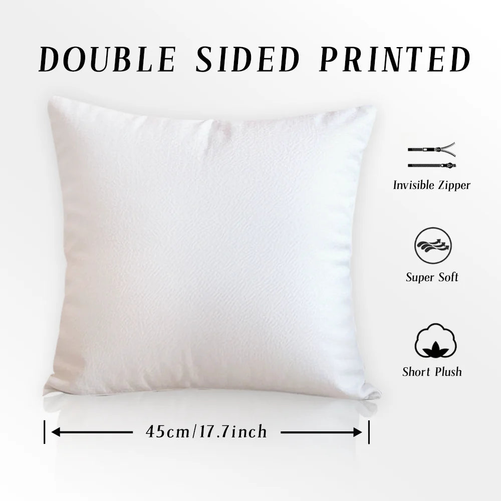 White pillow with features listed on a white background