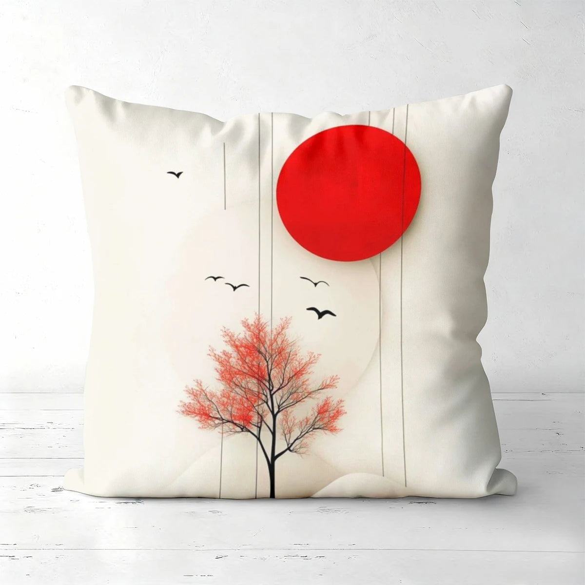 Decorative pillow with a red sun and tree design