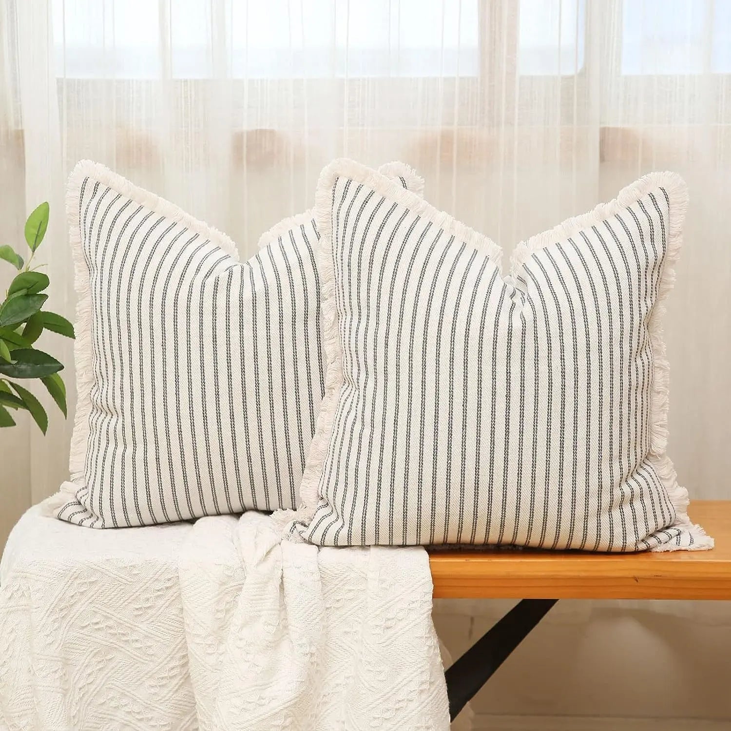 Fringe Striped Cotton Pillow Cover