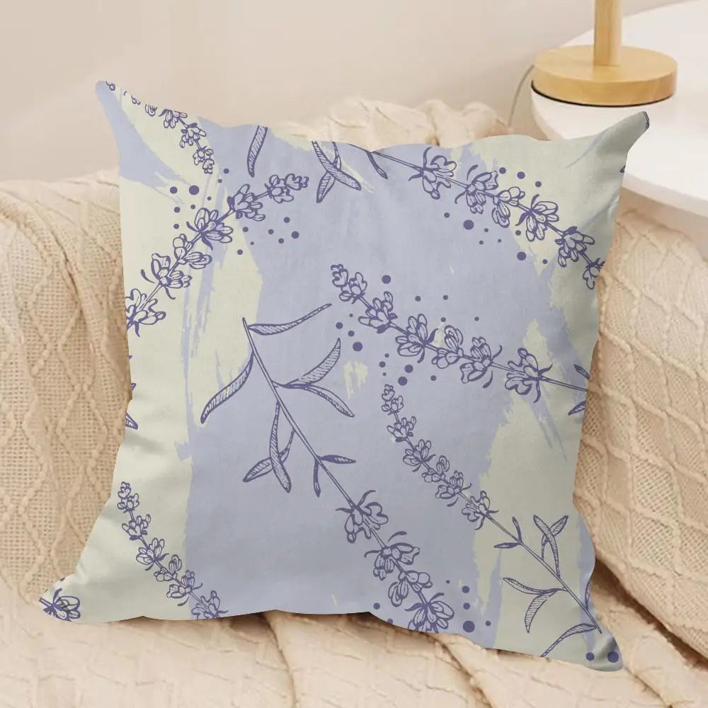 Decorative pillow with floral pattern on a beige couch