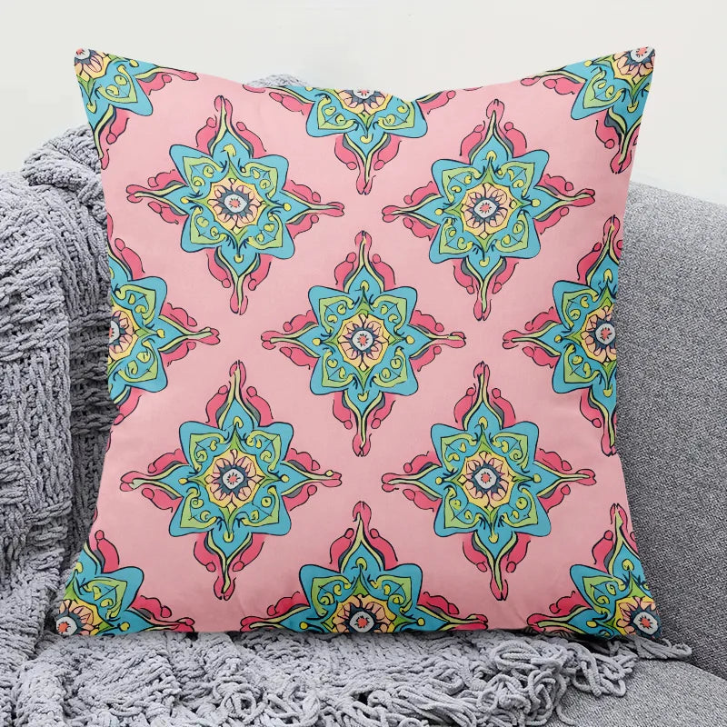 Pink mandala decorative pillow cover with vibrant multicolor geometric pattern design