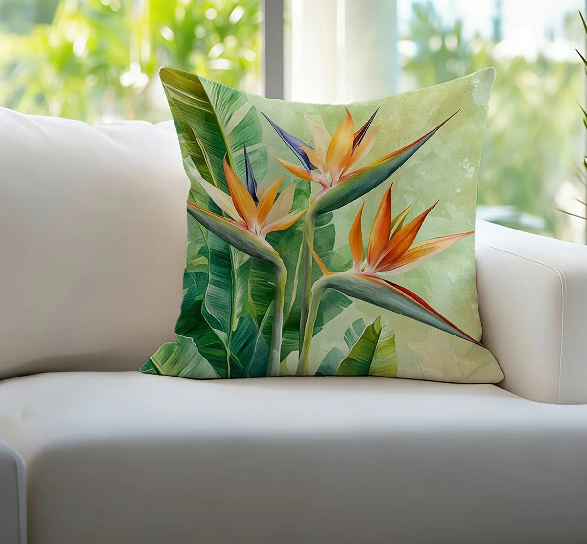 Bird of paradise tropical pillow cover with lush green leaves and vibrant floral botanical design