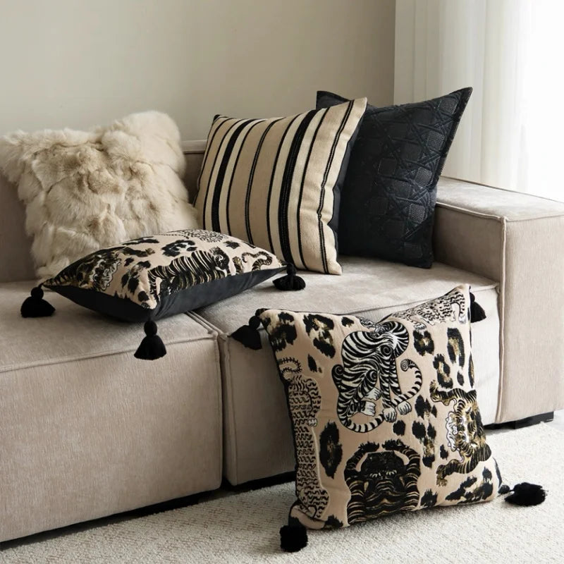 Retro leopard stripe pillow cover in brown and black with geometric animal print design