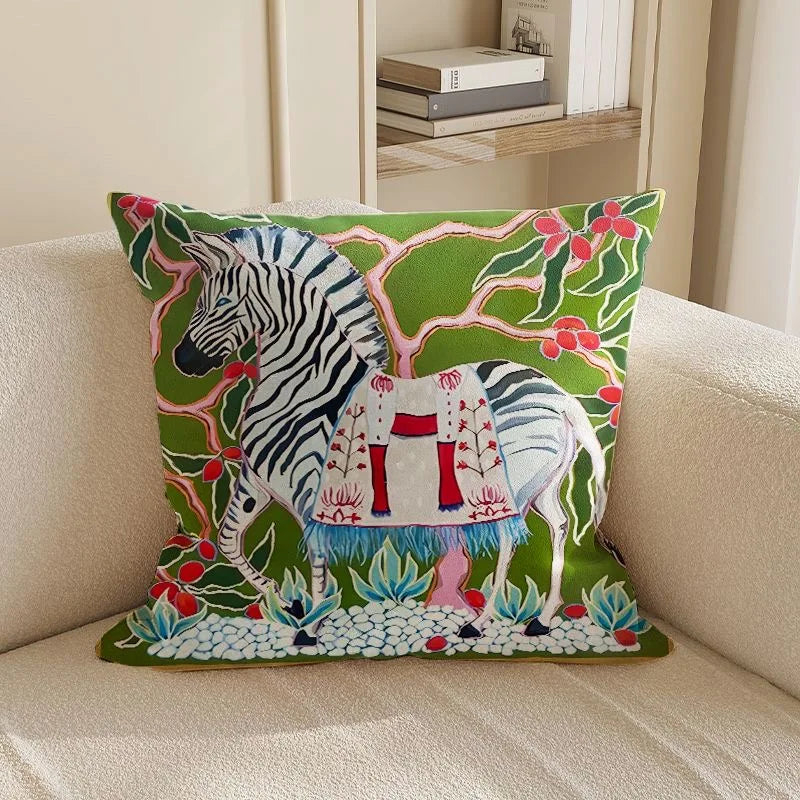 Decorative pillow with zebra design on a beige sofa