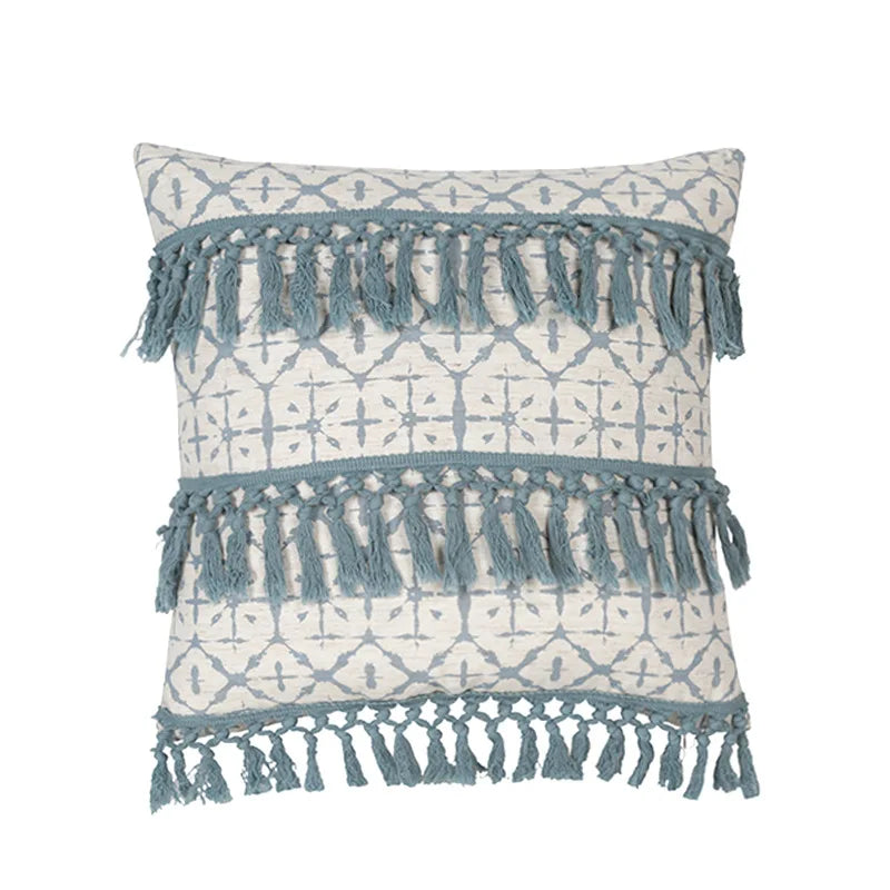 Vintage Blue Green Tassel Pillow Cover