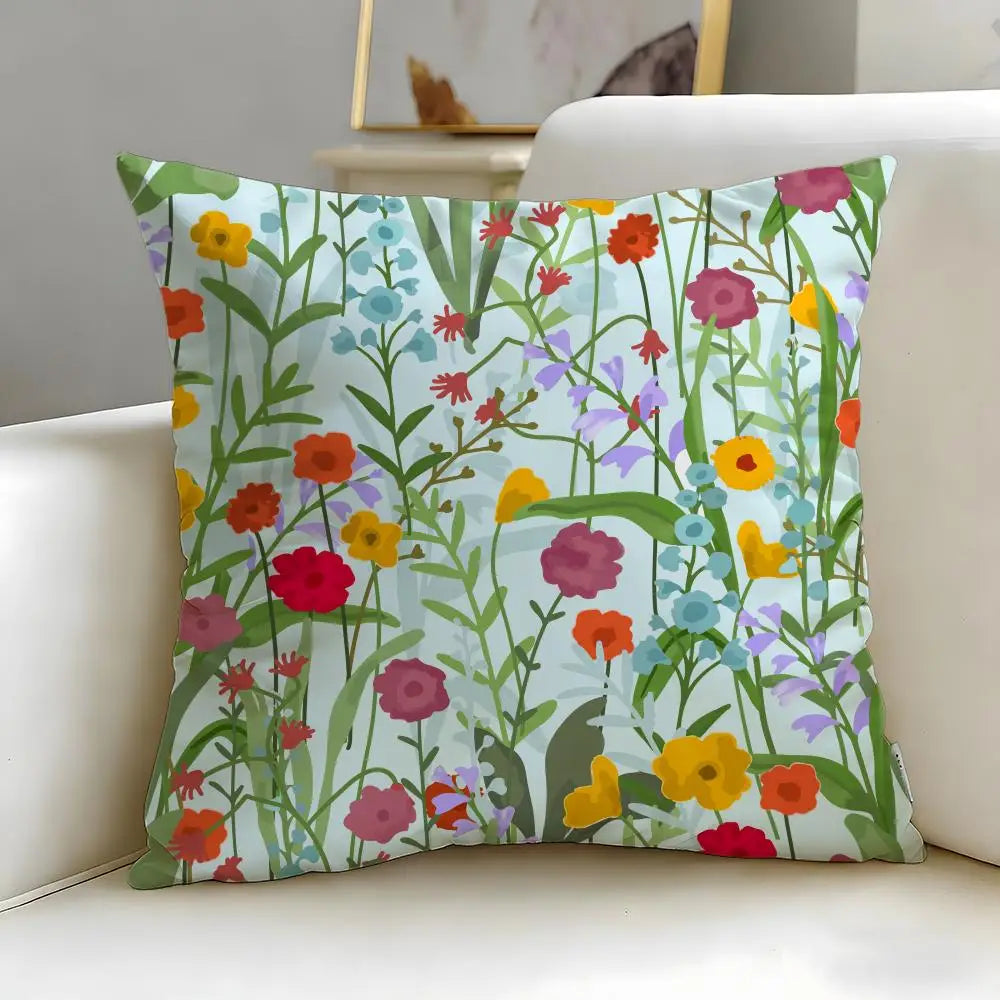 Floral-patterned pillow on a white couch
